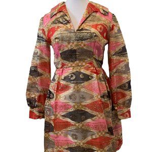 THE FIRECRACKER: 1960s Vintage Mod Knee-Length Chiffon Hostess Dress Gold Lamé